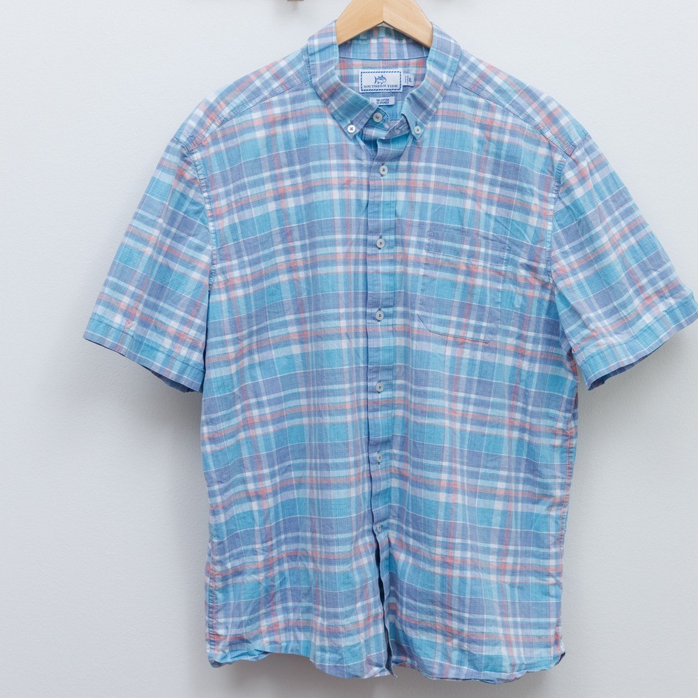 Southern Tide Mens XL Blue Pink Plaid Short Sleeve Button Down Cotton Shirt